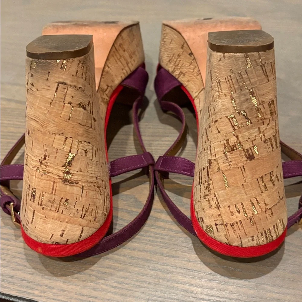 KATE SPADE Purple Red Colorblock Penny Cork Wedge Sandals